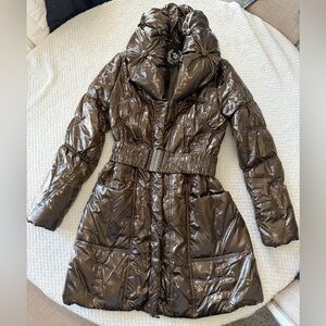 Treasure Rock Womens Belted Puffer Coat Brown Glossy Pillow Collar Size M